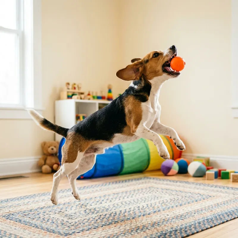 Um beagle a saltar para apanhar uma bola
