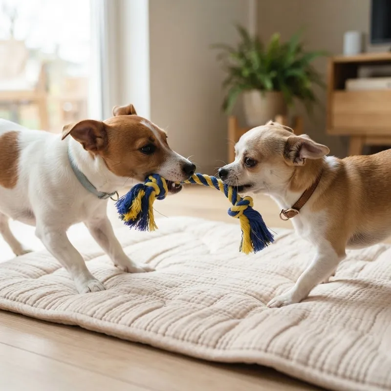 Cães pequenos a partilhar um brinquedo de corda