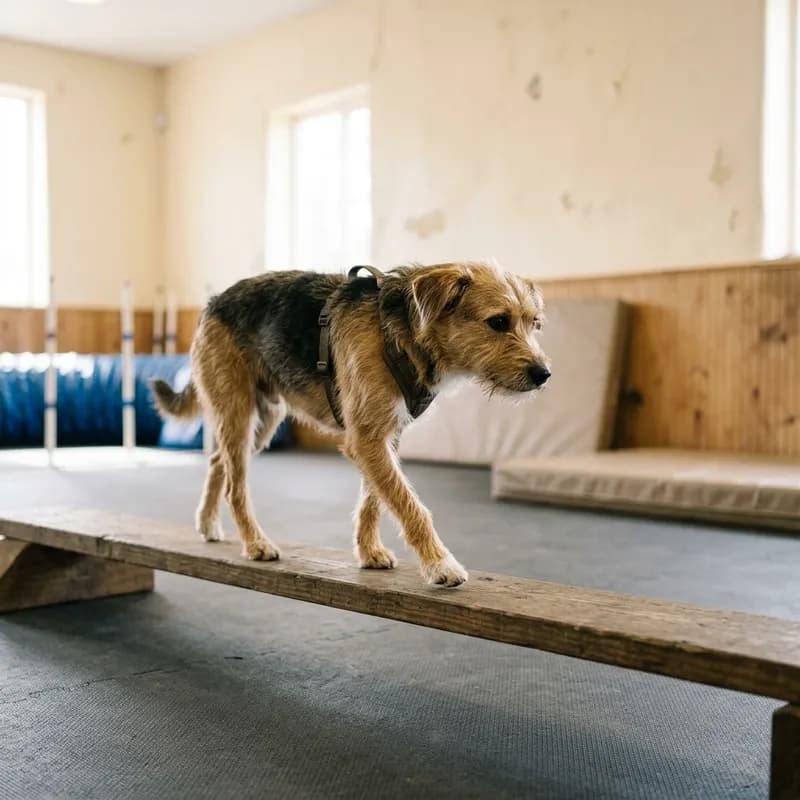 Um cão em equilíbrio numa prancha baixa de agilidade