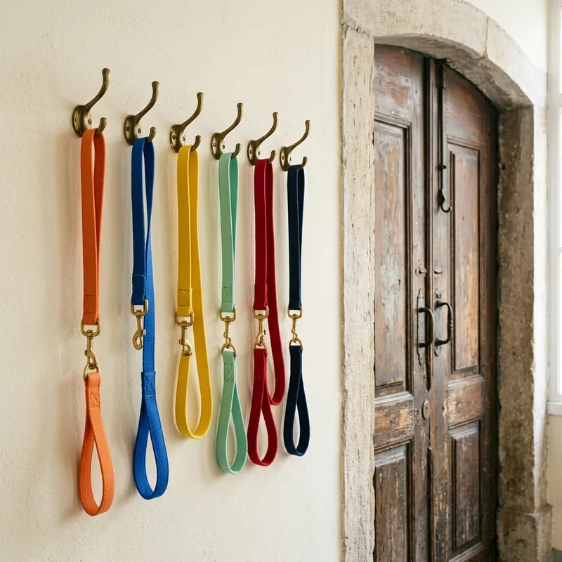 Várias trelas penduradas em ganchos junto à porta