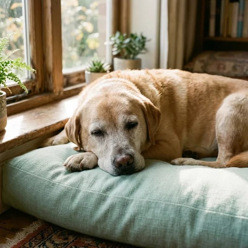 Um cão sénior a descansar ao sol