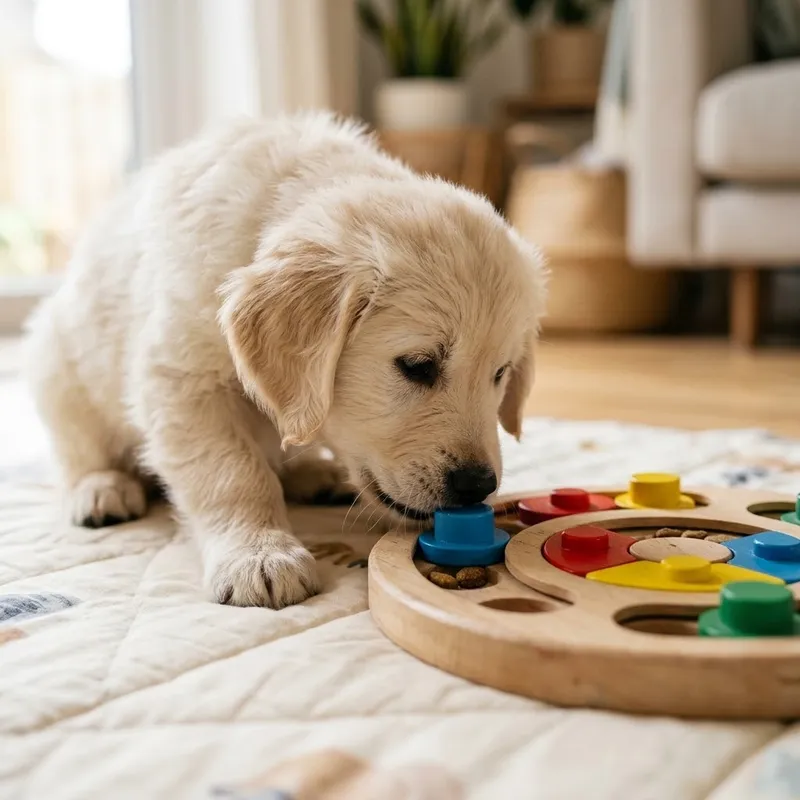 Um cachorro a farejar um brinquedo de enigma