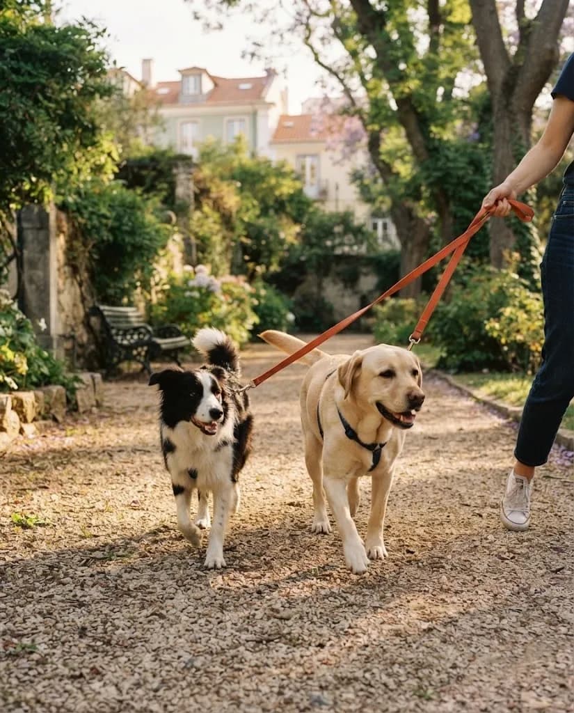 Dois cães à trela a passear num jardim arborizado de Lisboa
