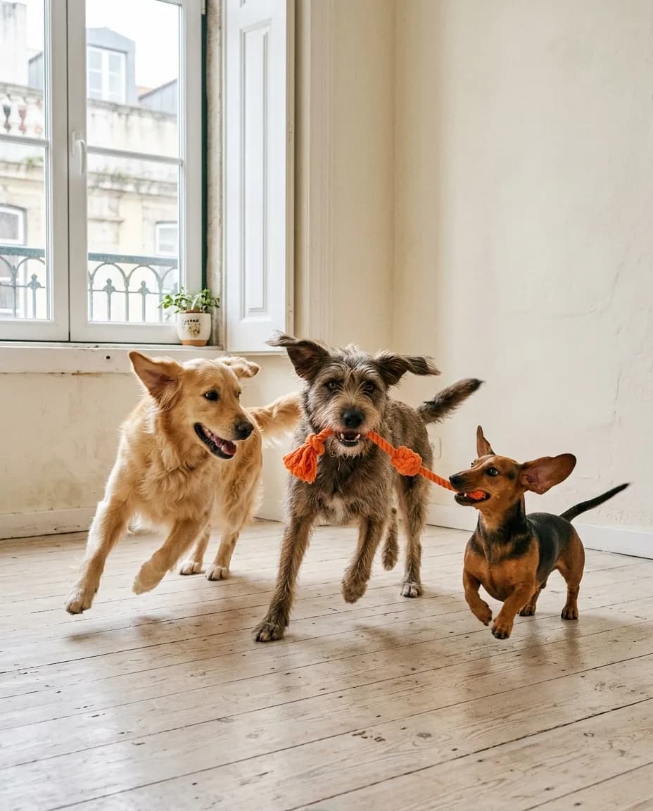 Cães de vários tamanhos a brincar juntos numa sala clara
