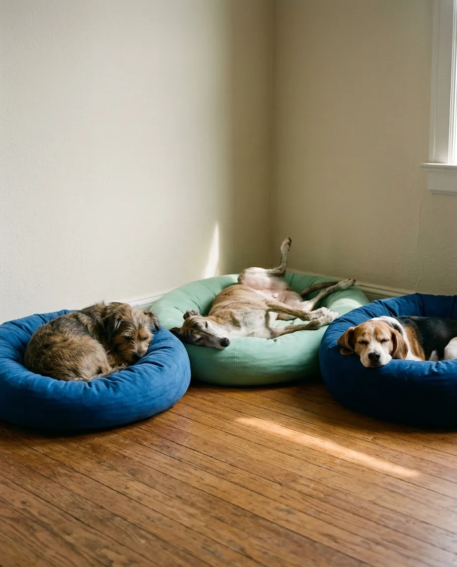 Cães a dormir a sesta em camas macias numa sala calma