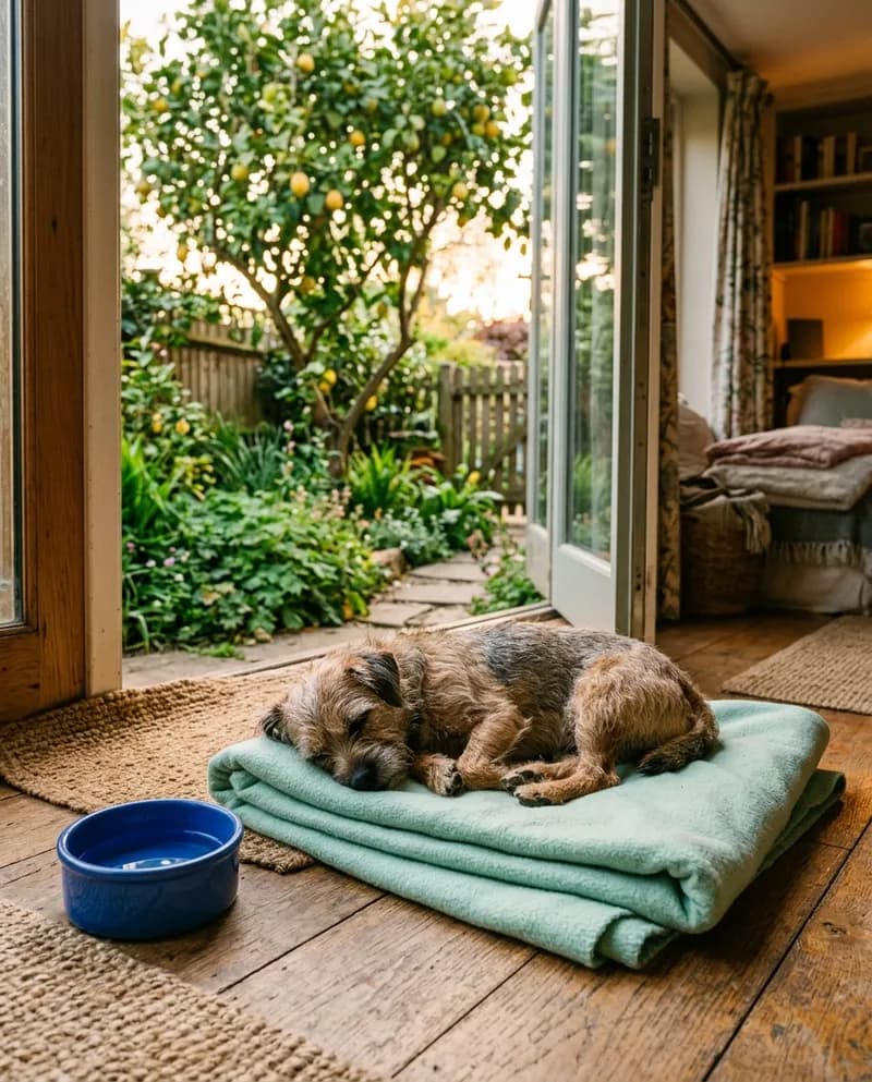 Um cão a dormir numa manta numa casa acolhedora, com a porta do jardim aberta
