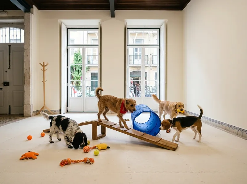 Cães a brincar com brinquedos numa sala de creche clara e limpa